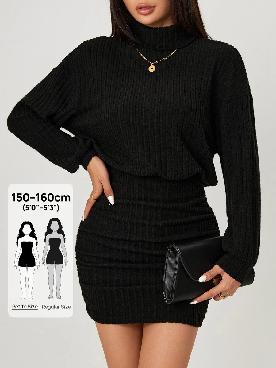 SHEIN PETITE 高領落肩抓皺緊身洋裝,商務休閒女款,適合嬌小女性 - 黑色 - 查看 1