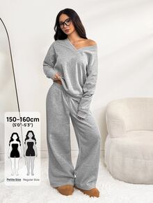 SHEIN PETITE 2pcs Women Grey Oversized V-Neck Fluffy Fleece Elastic Loose Sweatshirt And Sweatpants Set, Winter Casual Comfy Lounge Two Pieces Set Everyday - Grey - View 7