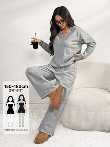 SHEIN PETITE 2pcs Women Grey Oversized V-Neck Fluffy Fleece Elastic Loose Sweatshirt And Sweatpants Set, Winter Casual Comfy Lounge Two Pieces Set Everyday - Grey - View 6