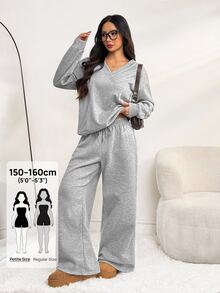 SHEIN PETITE 2pcs Women Grey Oversized V-Neck Fluffy Fleece Elastic Loose Sweatshirt And Sweatpants Set, Winter Casual Comfy Lounge Two Pieces Set Everyday - Grey - View 3