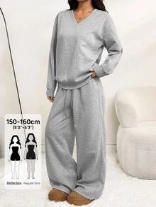 SHEIN PETITE 2pcs Women Grey Oversized V-Neck Fluffy Fleece Elastic Loose Sweatshirt And Sweatpants Set, Winter Casual Comfy Lounge Two Pieces Set Everyday - Grey - View 4