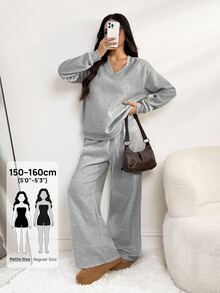 SHEIN PETITE 2pcs Women Grey Oversized V-Neck Fluffy Fleece Elastic Loose Sweatshirt And Sweatpants Set, Winter Casual Comfy Lounge Two Pieces Set Everyday - Grey - View 5
