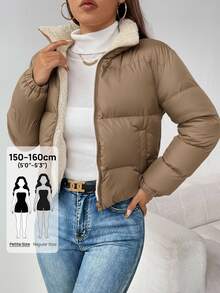 SHEIN PETITE 女款保暖加厚內裡拉鍊夾棉外套，冬季舒適秋季與冬季穿著，小碼女款 - 杏色 - 查看 5