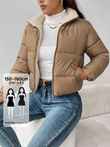 SHEIN PETITE 女款保暖加厚內裡拉鍊夾棉外套，冬季舒適秋季與冬季穿著，小碼女款 - 杏色 - 查看 7