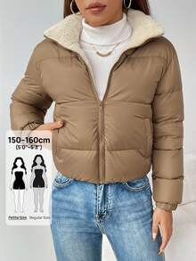SHEIN PETITE 女款保暖加厚內裡拉鍊夾棉外套，冬季舒適秋季與冬季穿著，小碼女款 - 杏色 - 查看 4
