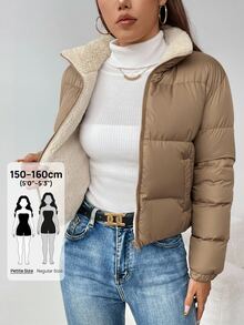SHEIN PETITE 女款保暖加厚內裡拉鍊夾棉外套，冬季舒適秋季與冬季穿著，小碼女款 - 杏色 - 查看 3