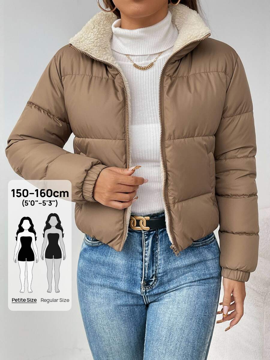 SHEIN PETITE 女款保暖加厚內裡拉鍊夾棉外套,冬季舒適秋季與冬季穿著,小碼女款 - 杏色 - 查看 1