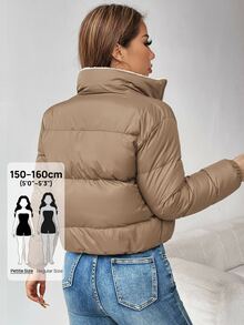 SHEIN PETITE 女款保暖加厚內裡拉鍊夾棉外套，冬季舒適秋季與冬季穿著，小碼女款 - 杏色 - 查看 2