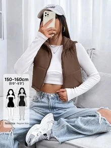 SHEIN PETITE 女士纯色简约无袖羽绒服，日常穿着 - 棕色 - 查看 5