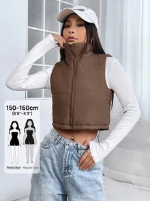 SHEIN PETITE 女士纯色简约无袖羽绒服，日常穿着 - 棕色 - 查看 7
