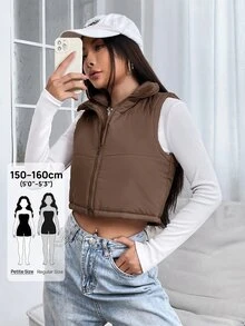 SHEIN PETITE 女士纯色简约无袖羽绒服，日常穿着 - 棕色 - 查看 6