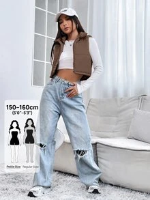 SHEIN PETITE 女士纯色简约无袖羽绒服，日常穿着 - 棕色 - 查看 4