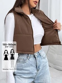 SHEIN PETITE 女士纯色简约无袖羽绒服，日常穿着 - 棕色 - 查看 3