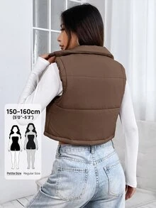 SHEIN PETITE 女士纯色简约无袖羽绒服，日常穿着 - 棕色 - 查看 2