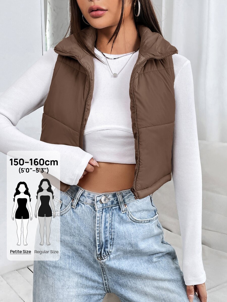SHEIN PETITE 女士纯色简约无袖羽绒服,日常穿着 - 棕色 - 查看 1