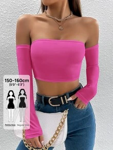 SHEIN PETITE Solid Off The Shoulder Crop Off Shoulder Top - Hot Pink - View 1