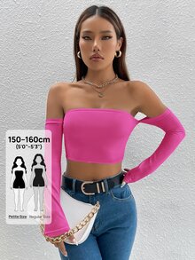 SHEIN PETITE Solid Off The Shoulder Crop Off Shoulder Top - Hot Pink - View 7