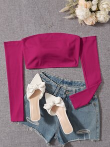 SHEIN PETITE Solid Off The Shoulder Crop Off Shoulder Top - Hot Pink - View 3