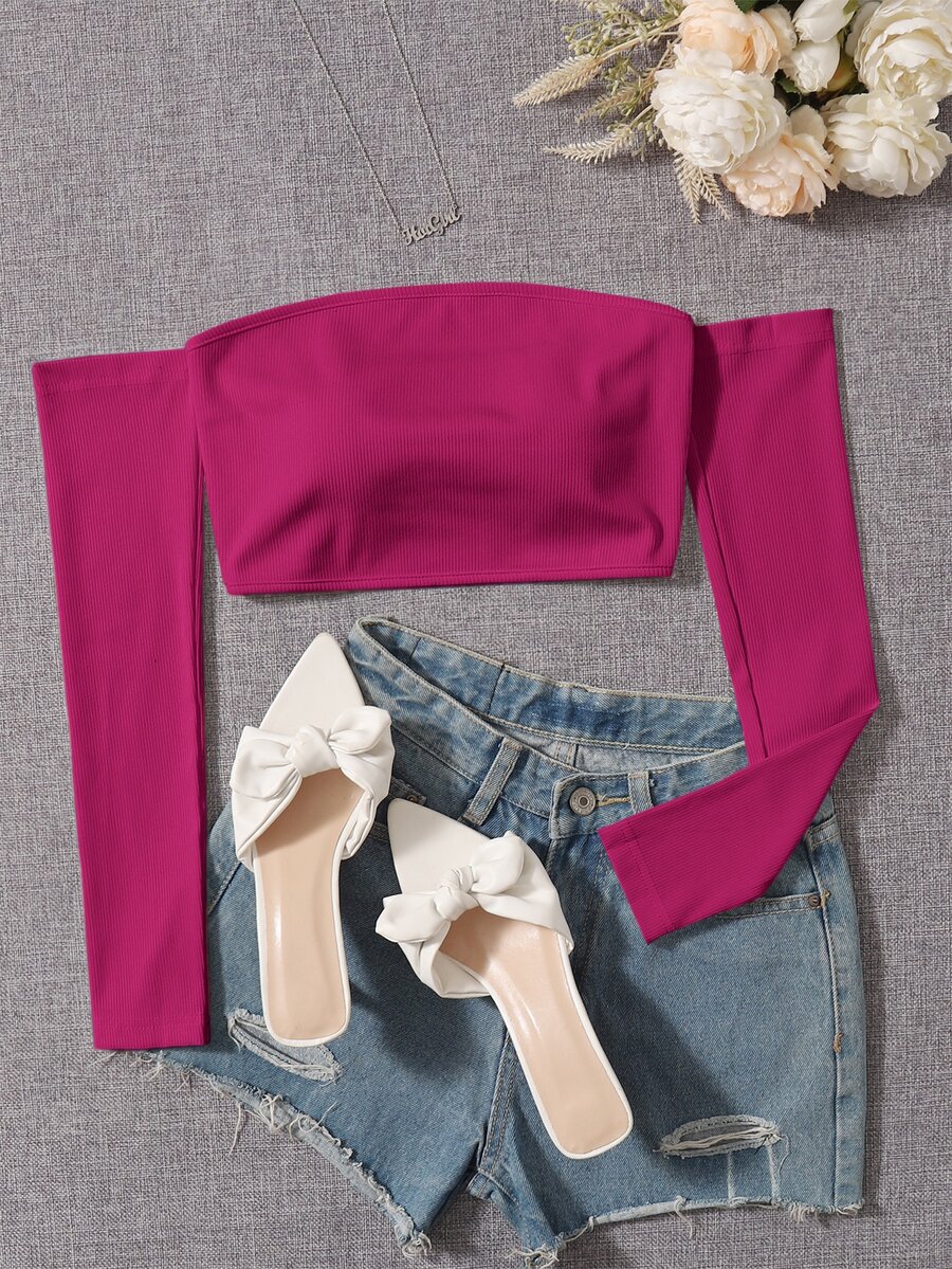 SHEIN PETITE Solid Off The Shoulder Crop Off Shoulder Top - Hot Pink - View 1