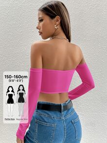 SHEIN PETITE Solid Off The Shoulder Crop Off Shoulder Top - Hot Pink - View 4