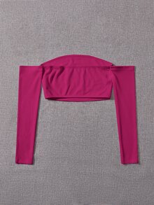 SHEIN PETITE Solid Off The Shoulder Crop Off Shoulder Top - Hot Pink - View 2