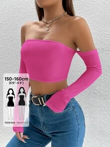 SHEIN PETITE Solid Off The Shoulder Crop Off Shoulder Top - Hot Pink - View 5