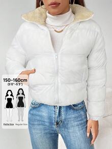 SHEIN PETITE معطف مبطن بغطاء رأس قابل للعكس بسحاب للنساء، جاكيت أبيض في الخريف/الشتاء، للنساء الصغيرات - أبيض - مشاهدة 5