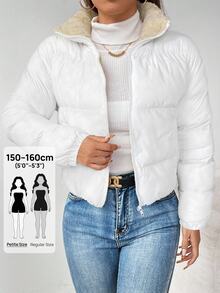 SHEIN PETITE معطف مبطن بغطاء رأس قابل للعكس بسحاب للنساء، جاكيت أبيض في الخريف/الشتاء، للنساء الصغيرات - أبيض - مشاهدة 3
