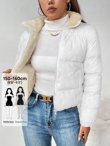 SHEIN PETITE معطف مبطن بغطاء رأس قابل للعكس بسحاب للنساء، جاكيت أبيض في الخريف/الشتاء، للنساء الصغيرات - أبيض - مشاهدة 4