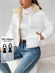 SHEIN PETITE معطف مبطن بغطاء رأس قابل للعكس بسحاب للنساء، جاكيت أبيض في الخريف/الشتاء، للنساء الصغيرات - أبيض - مشاهدة 1