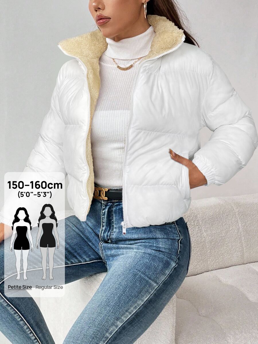 SHEIN PETITE معطف مبطن بغطاء رأس قابل للعكس بسحاب للنساء، جاكيت أبيض في الخريف/الشتاء، للنساء الصغيرات - أبيض - مشاهدة 1