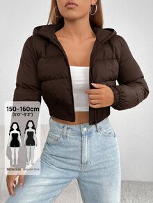 SHEIN PETITE 秋/冬款黑色拉鍊短版連帽羽絨外套，適合嬌小女性 - 棕色 - 查看 1