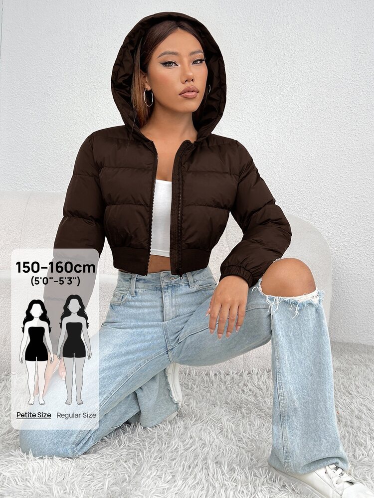 SHEIN PETITE Abrigo acolchado corto con capucha y cremallera negro para otoño/invierno, para mujeres petite - Marrón - Añade 6
