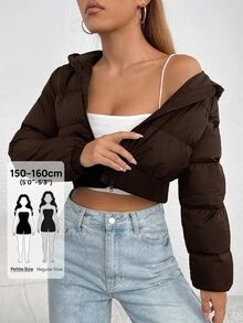 SHEIN PETITE 秋/冬款黑色拉鍊短版連帽羽絨外套，適合嬌小女性 - 棕色 - 查看 5