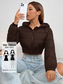 SHEIN PETITE 秋/冬款黑色拉鍊短版連帽羽絨外套，適合嬌小女性 - 棕色 - 查看 4