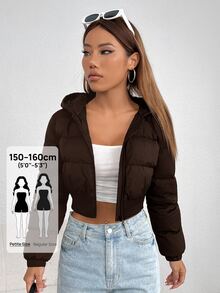 SHEIN PETITE 秋/冬款黑色拉鍊短版連帽羽絨外套，適合嬌小女性 - 棕色 - 查看 3