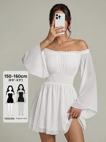 SHEIN PETITE 女款度假純色露肩喇叭袖收腰迷你洋裝，適合嬌小女性 - 白色 - 查看 1
