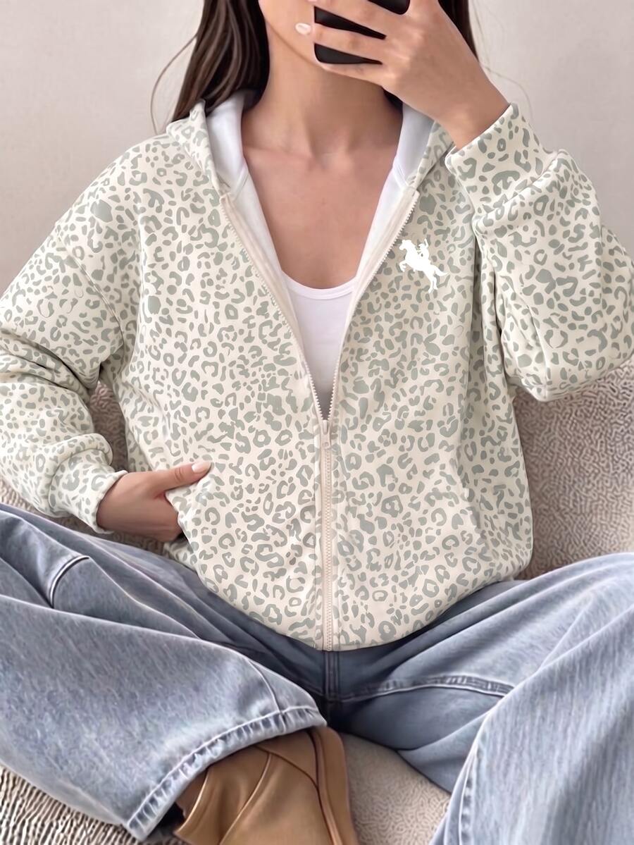 1pc Girls Leopard Print Zip-Up Sweatshirt, Suitable For Daily Wear, Comfortable And Relaxed - Multicolor - View 1