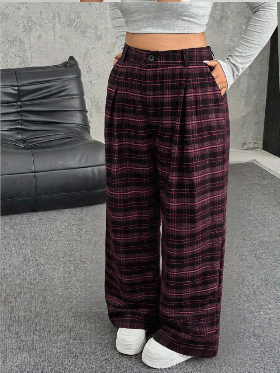Comfortcana Plus Size Solid Color Button Closure Casual Wide Leg Pants With Belt In Fall/Winter - Black - View 1