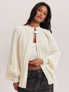 SHEIN BAE Raglan Sleeve Ribbed Knit Sweater Brunch Tea Party Off-White Autumn Elegant - Apricot - View 6