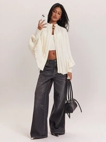 SHEIN BAE Raglan Sleeve Ribbed Knit Sweater Brunch Tea Party Off-White Autumn Elegant - Apricot - View 1
