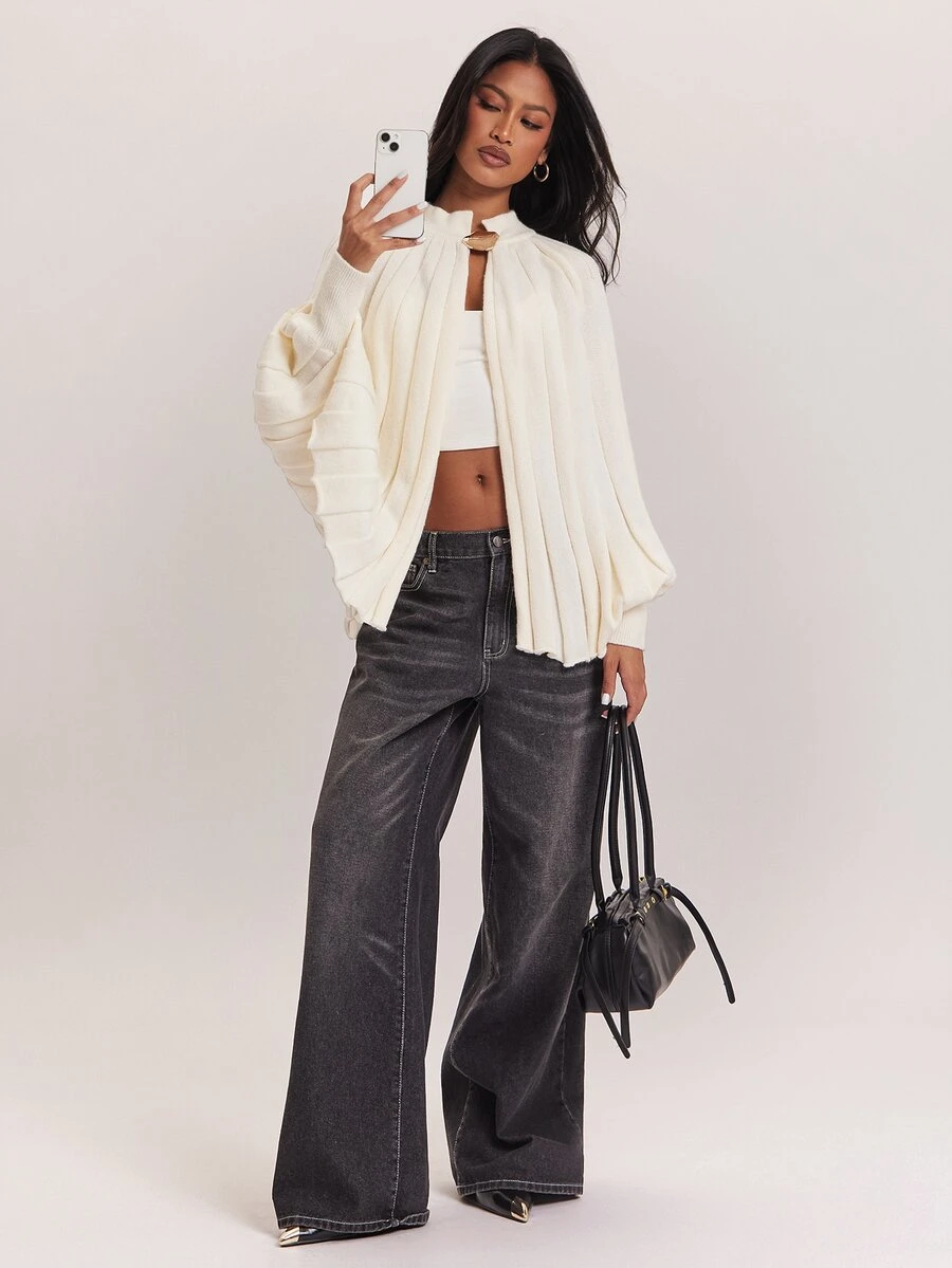 SHEIN BAE Raglan Sleeve Ribbed Knit Sweater Brunch Tea Party Off-White Autumn Elegant - Apricot - View 1