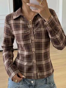 Teen Girls Blouses Fall New Brown Preppy Plaid Ruched Long-Sleeve Shirt - Brown - View 1