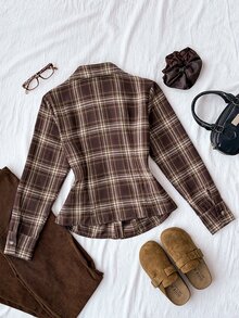 Teen Girls Blouses Fall New Brown Preppy Plaid Ruched Long-Sleeve Shirt - Brown - View 8