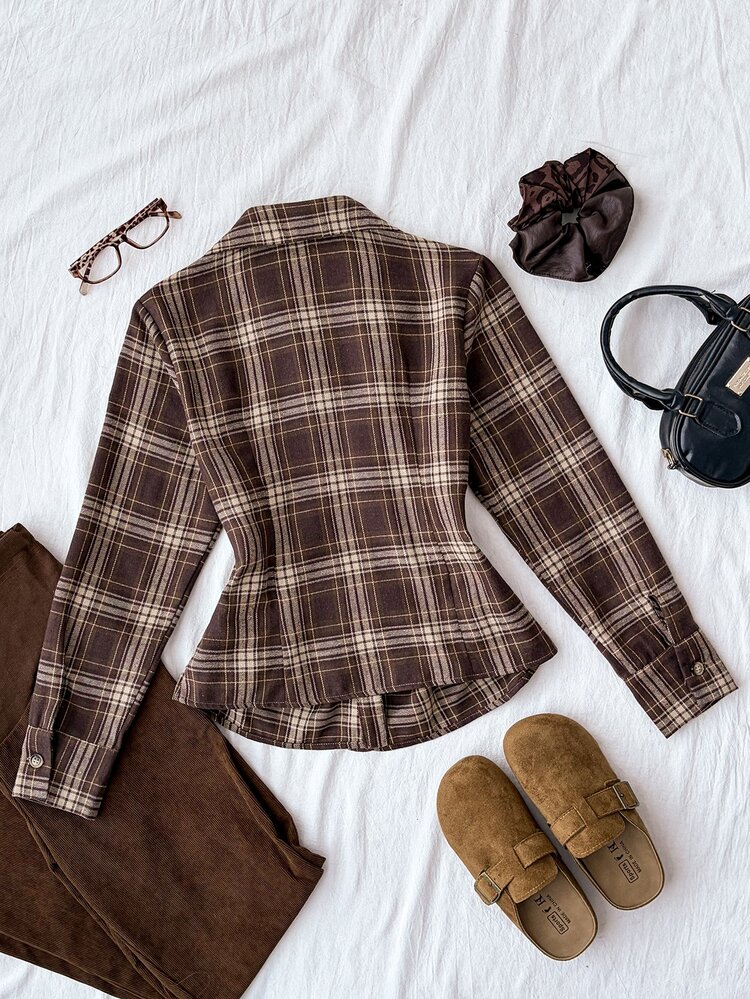 Teen Girls Blouses Fall New Brown Preppy Plaid Ruched Long-Sleeve Shirt - Brown - View 8