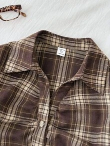 Teen Girls Blouses Fall New Brown Preppy Plaid Ruched Long-Sleeve Shirt - Brown - View 3