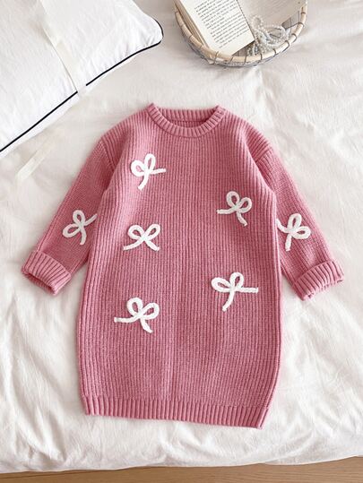 SHEIN Playful Pals Fashionable Cute Baby Pink Fairy Bow Knit Sweater Dress For Young Girls Toddler Young Girl Autumn Winter Long Sleeve Versatile Commuting Knitwear Outfits