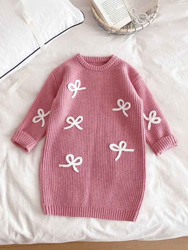 SHEIN Playful Pals New Fashionable Cute Pink Fairy Bow Knit Sweater Dress For Young Girls,Toddler Kids Autumn Winter Long Sleeve Versatile Commuting Knitwear Outfits
