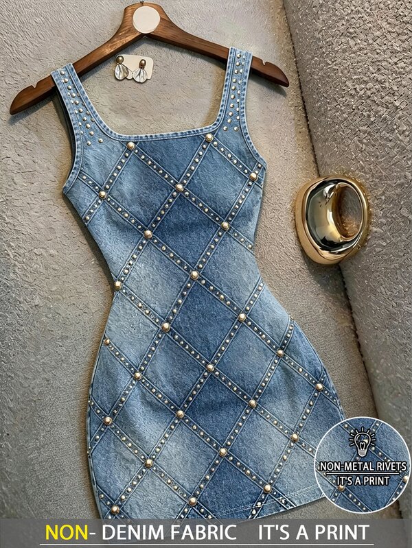 Resyla Women's Square Neck Printed Fitted Mini Dress, Sleeveless Printed Diamond Rivet Decor Camisole Dress