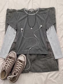 Attitoon 女款圓領 2 合 1 拼接休閒百搭日常穿搭 T-shirt - 深灰色 - 查看 1